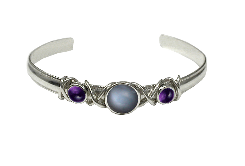 Sterling Silver Hand Made Cuff Bracelet With Grey Moonstone And Amethyst